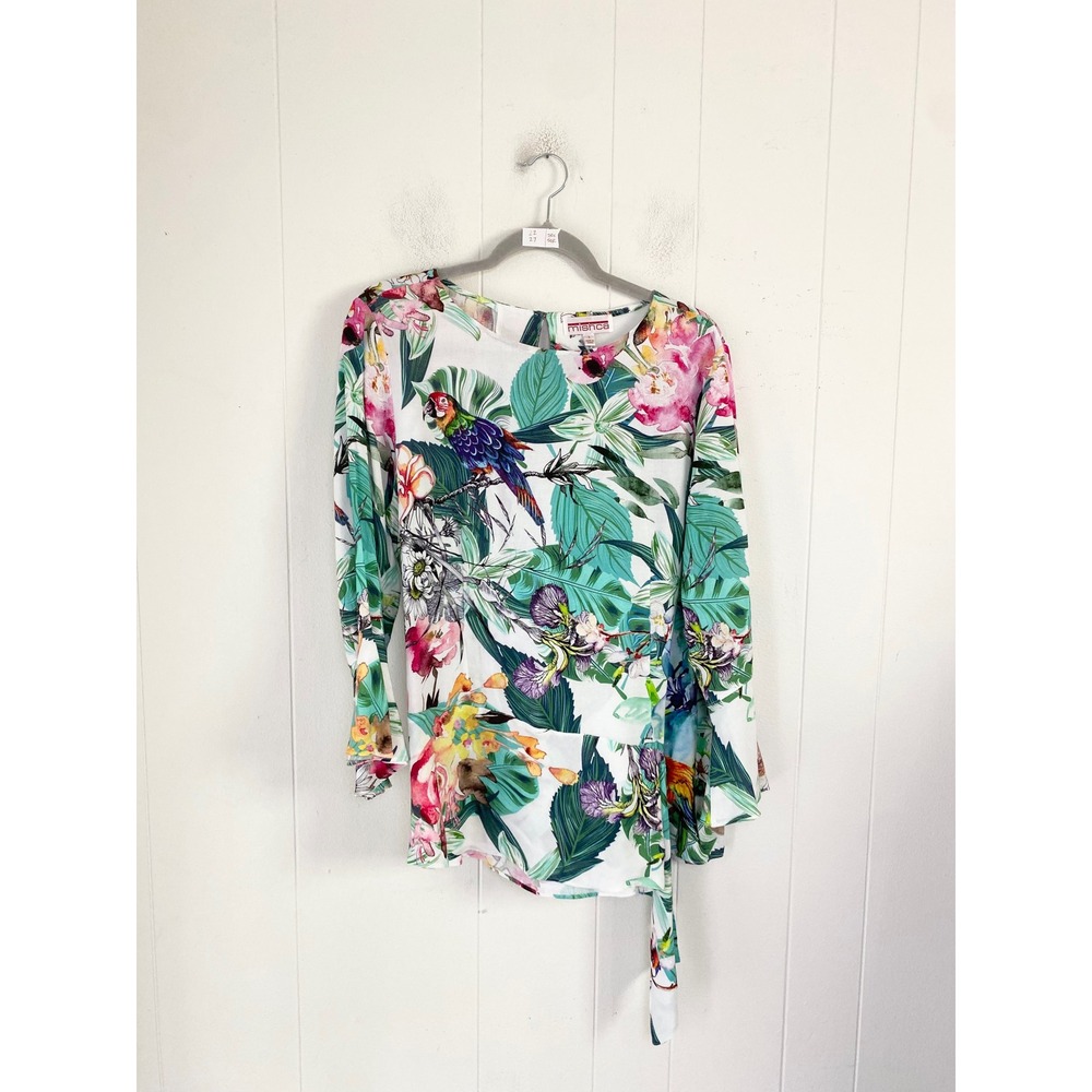 Mishca Tropical Parrot Floral Print Blouse Long Bell Sleeve Side Tie White L